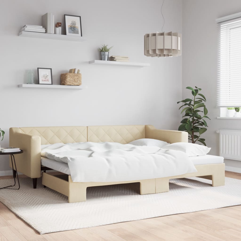 Slaapbank met onderschuifbed 90x200 cm stof crèmekleurig is nu te koop bij PeponiXL, paradijselijk wonen!