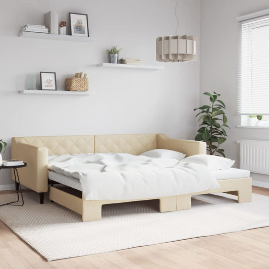 Slaapbank met onderschuifbed 100x200 cm stof crèmekleurig is nu te koop bij PeponiXL, paradijselijk wonen!