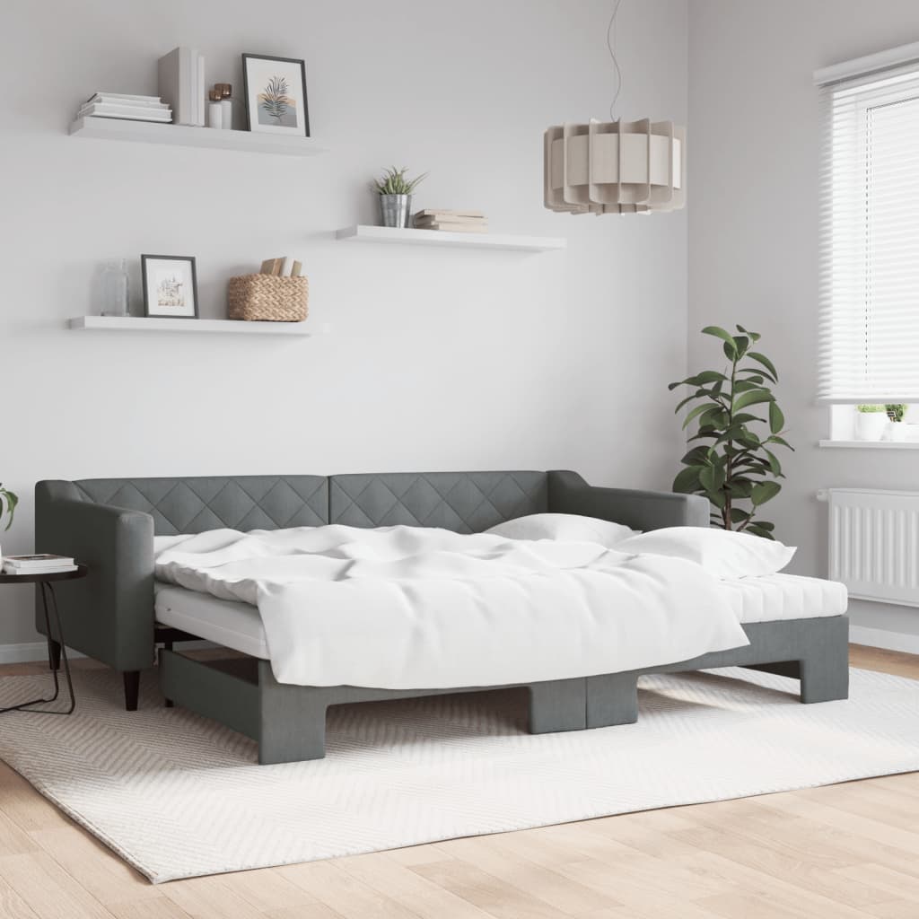 Slaapbank onderschuifbed matrassen 90x200 cm stof donkergrijs is nu te koop bij PeponiXL, paradijselijk wonen!