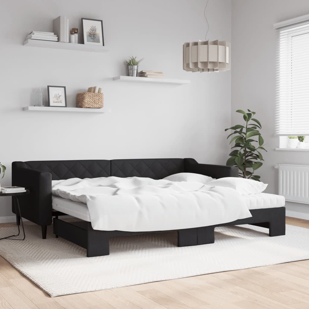 Slaapbank met onderschuifbed en matrassen 90x200 cm stof zwart is nu te koop bij PeponiXL, paradijselijk wonen!