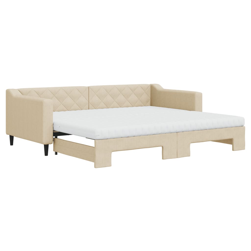 Slaapbank met onderschuifbed en matrassen 90x200 cm stof crème is nu te koop bij PeponiXL, paradijselijk wonen!