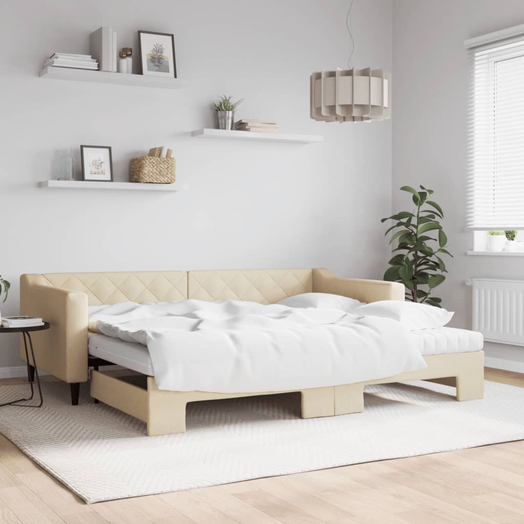 Slaapbank met onderschuifbed en matrassen 90x200 cm stof crème is nu te koop bij PeponiXL, paradijselijk wonen!