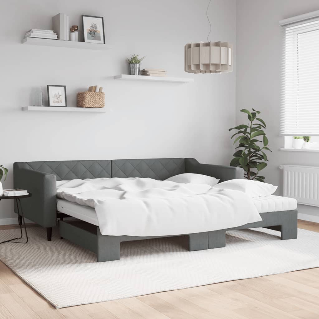 Slaapbank onderschuifbed matrassen 100x200 cm stof donkergroen is nu te koop bij PeponiXL, paradijselijk wonen!