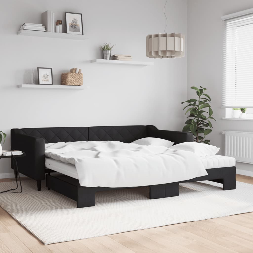 Slaapbank met onderschuifbed en matrassen 100x200 cm stof zwart is nu te koop bij PeponiXL, paradijselijk wonen!