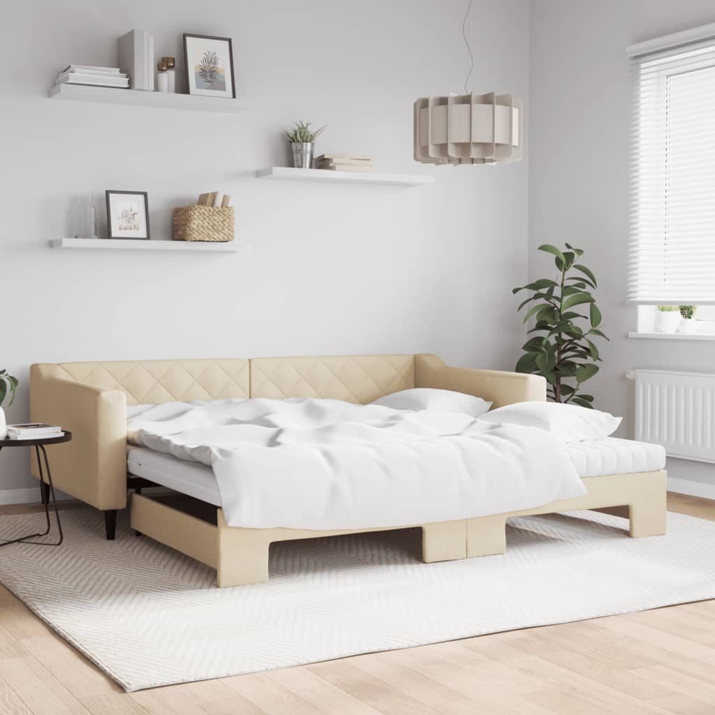 Slaapbank met onderschuifbed en matrassen 100x200 cm stof crème is nu te koop bij PeponiXL, paradijselijk wonen!
