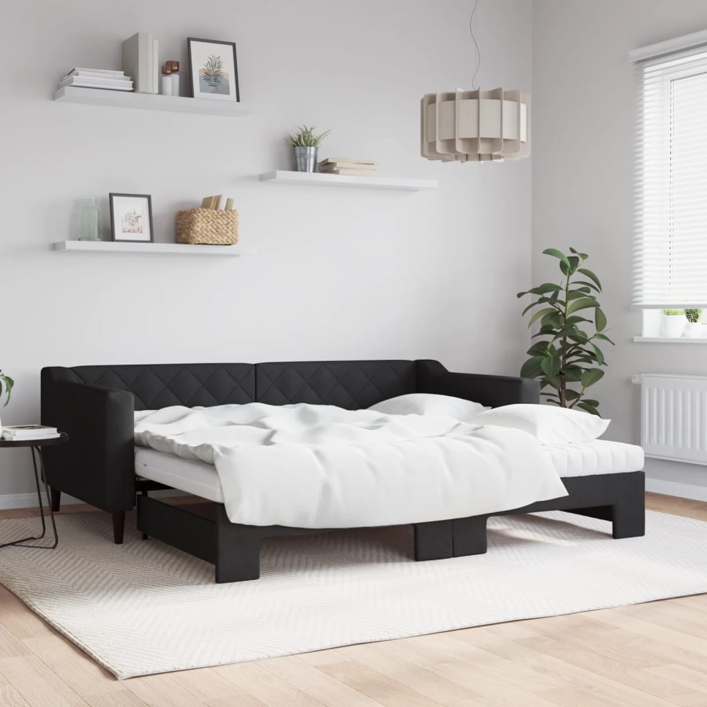 Slaapbank met onderschuifbed en matrassen 90x190 cm stof zwart is nu te koop bij PeponiXL, paradijselijk wonen!