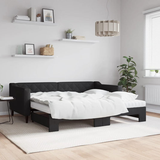 Slaapbank met onderschuifbed en matrassen 90x190 cm stof zwart is nu te koop bij PeponiXL, paradijselijk wonen!