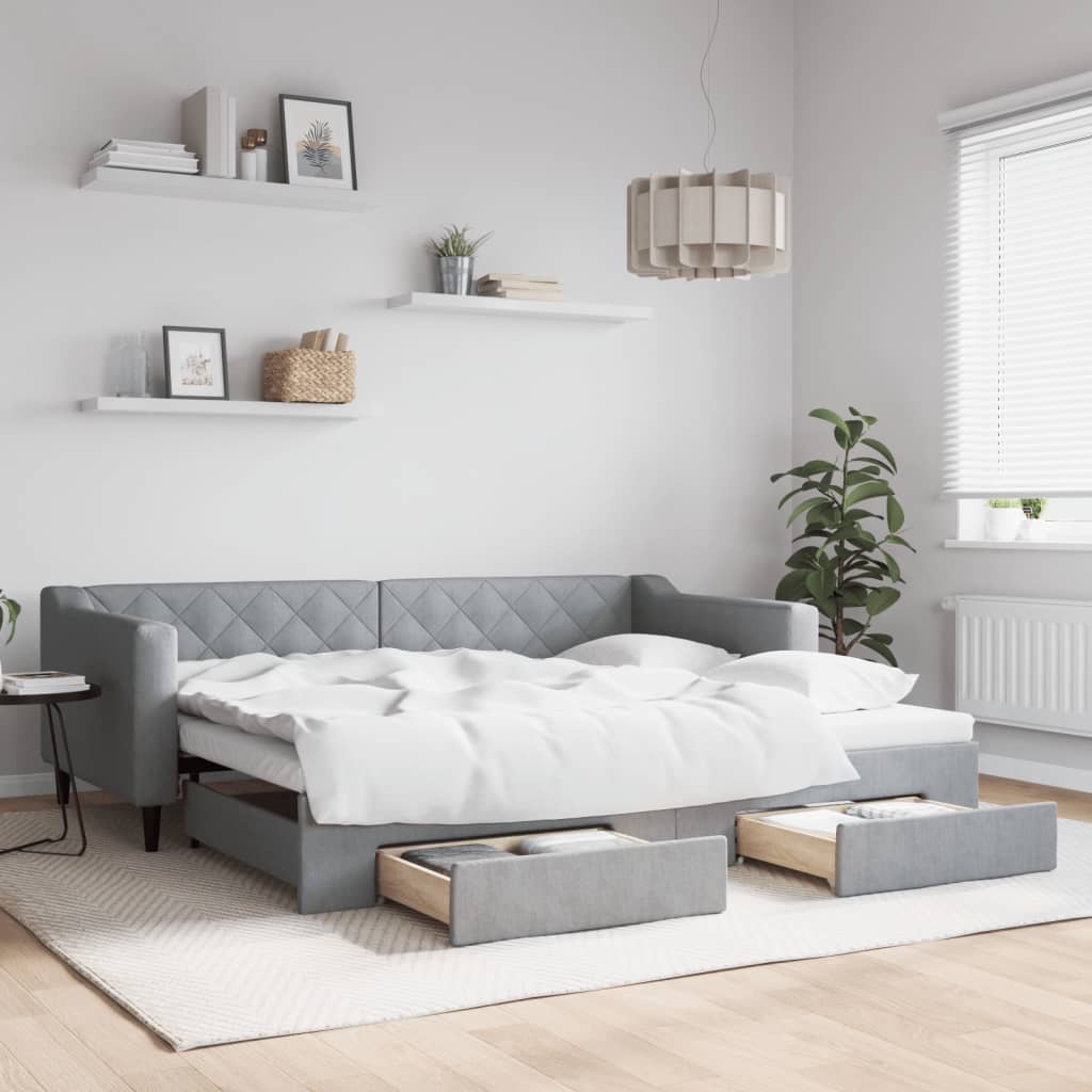Slaapbank met onderschuifbed en lades 90x200 cm stof lichtgrijs is nu te koop bij PeponiXL, paradijselijk wonen!