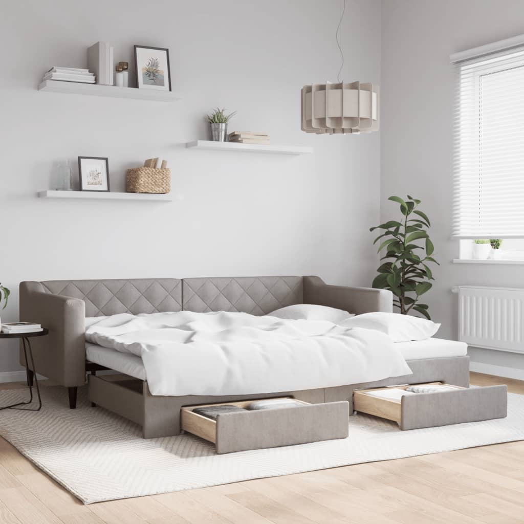 Slaapbank met onderschuifbed en lades 90x200 cm stof taupe is nu te koop bij PeponiXL, paradijselijk wonen!