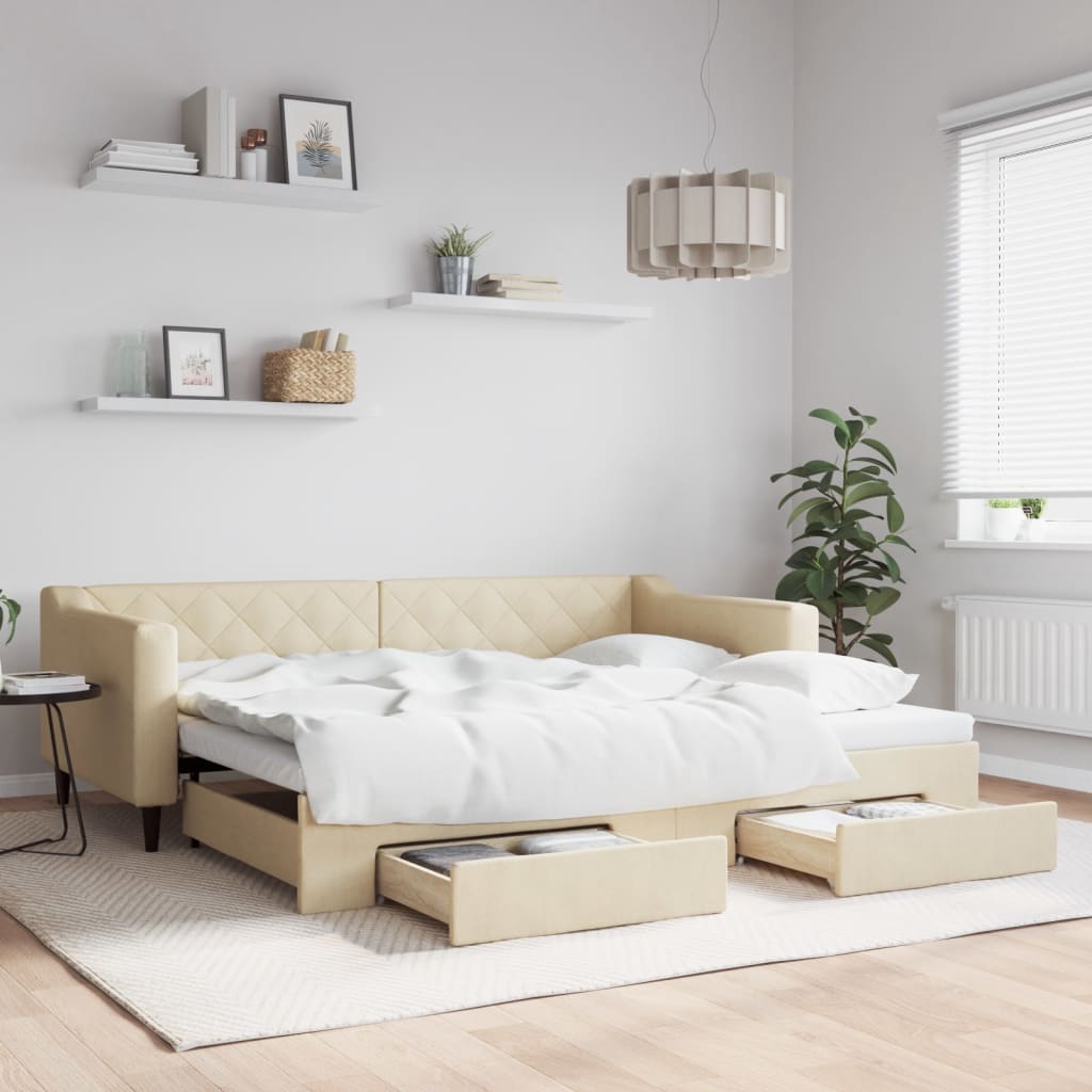 Slaapbank met onderschuifbed en lades 90x200 cm stof crèmekleur is nu te koop bij PeponiXL, paradijselijk wonen!