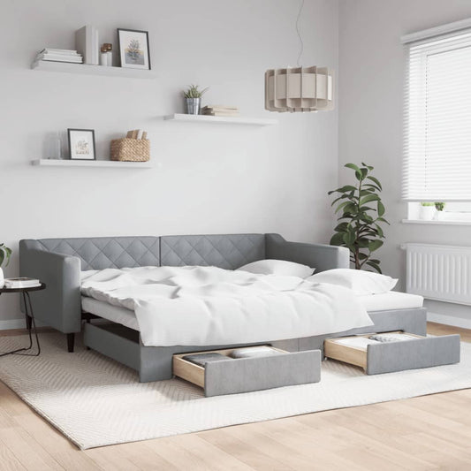 Slaapbank onderschuifbed en lades 100x200 cm stof lichtgrijs is nu te koop bij PeponiXL, paradijselijk wonen!