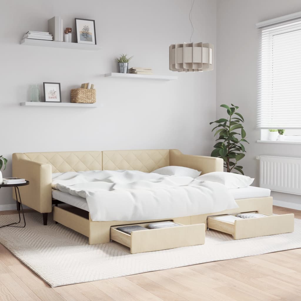 Slaapbank met onderschuifbed en lades 100x200 cm stof crème is nu te koop bij PeponiXL, paradijselijk wonen!