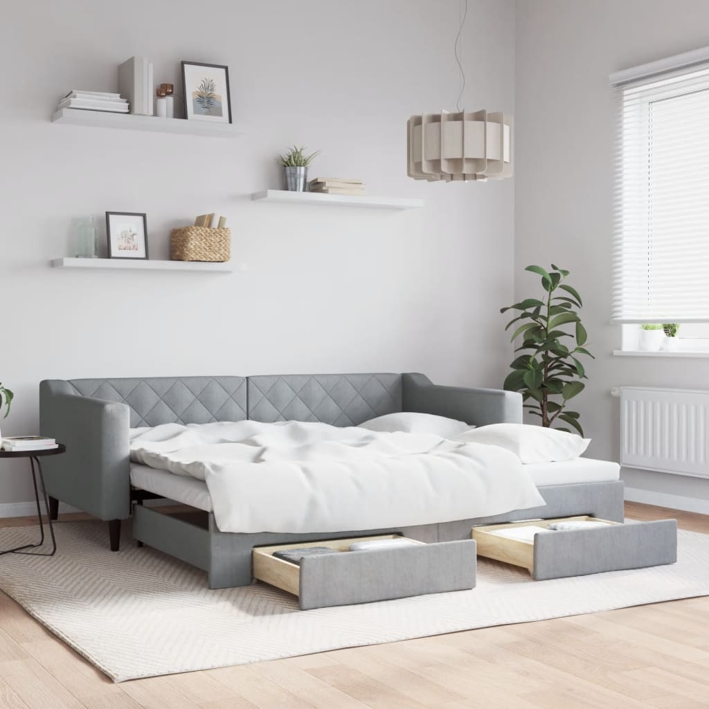 Slaapbank met onderschuifbed en lades 90x190 cm stof lichtgrijs is nu te koop bij PeponiXL, paradijselijk wonen!