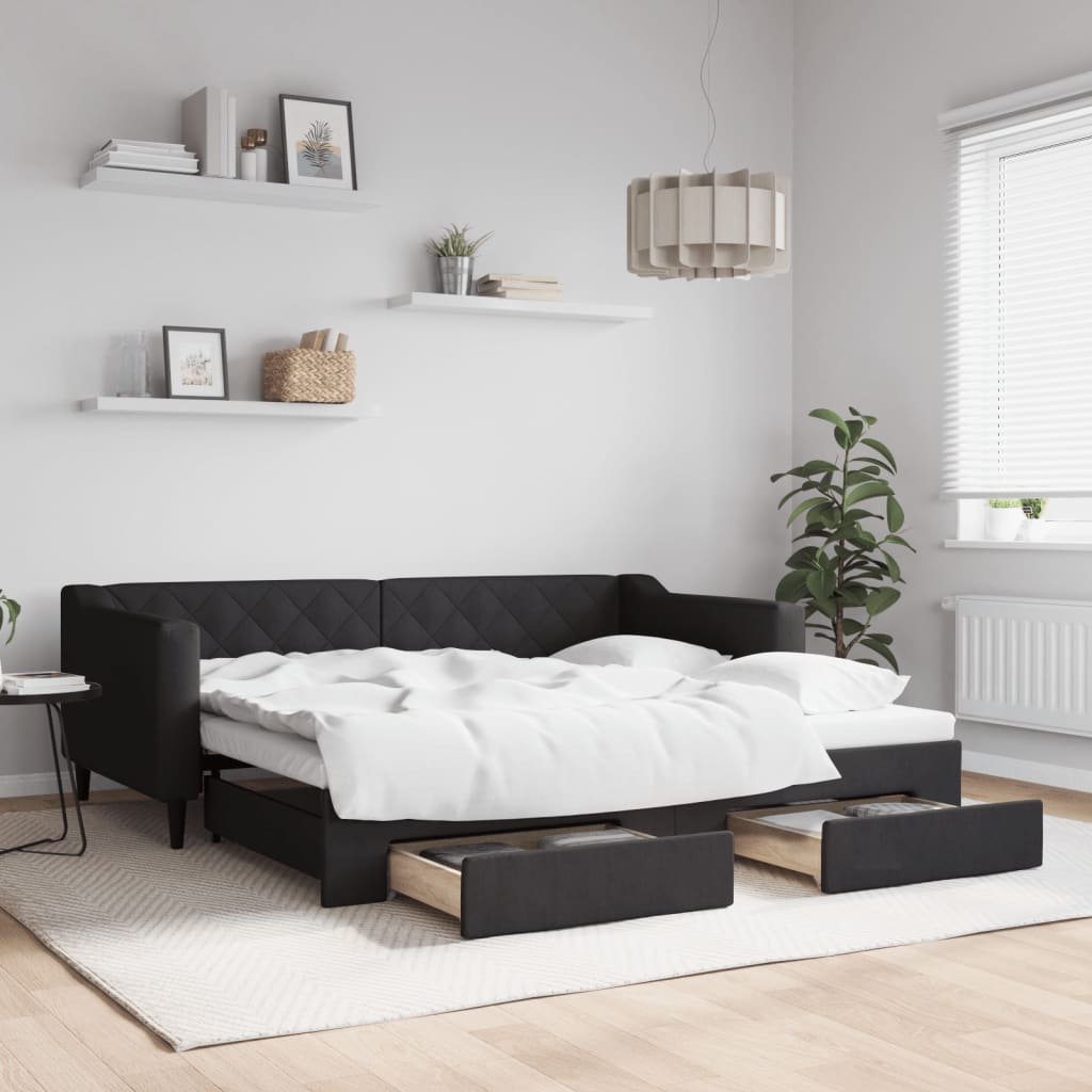 Slaapbank met onderschuifbed en lades 90x190 cm stof zwart is nu te koop bij PeponiXL, paradijselijk wonen!