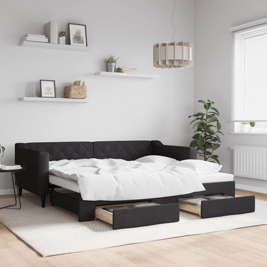 Slaapbank met onderschuifbed en lades 90x190 cm stof zwart is nu te koop bij PeponiXL, paradijselijk wonen!