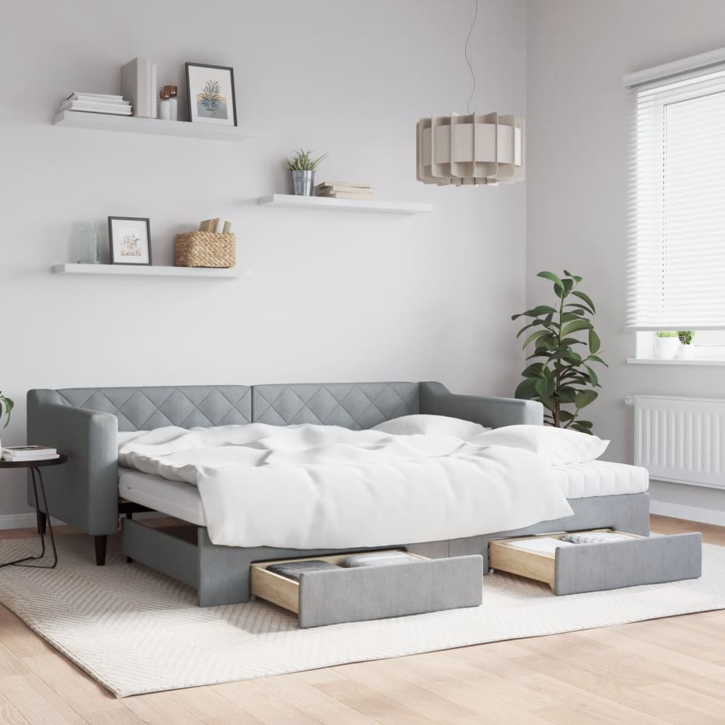 Slaapbank met onderschuifbed en lades 90x200 cm stof lichtgrijs is nu te koop bij PeponiXL, paradijselijk wonen!