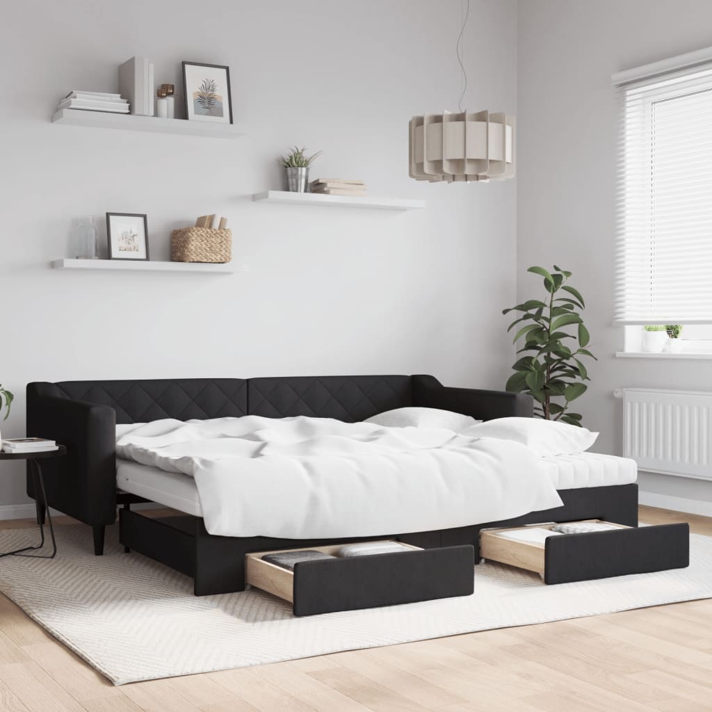 Slaapbank met onderschuifbed en lades 90x200 cm stof zwart is nu te koop bij PeponiXL, paradijselijk wonen!
