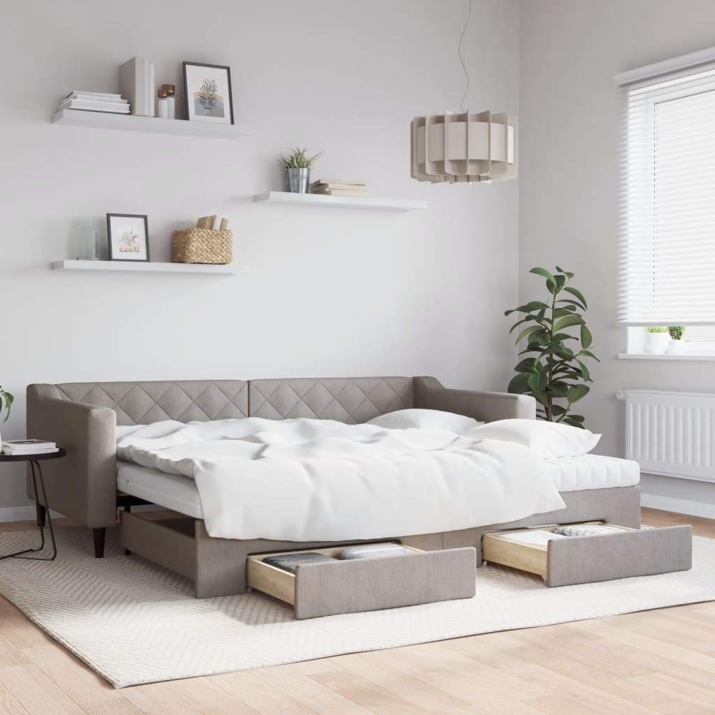 Slaapbank met onderschuifbed en lades 90x200 cm stof taupe is nu te koop bij PeponiXL, paradijselijk wonen!