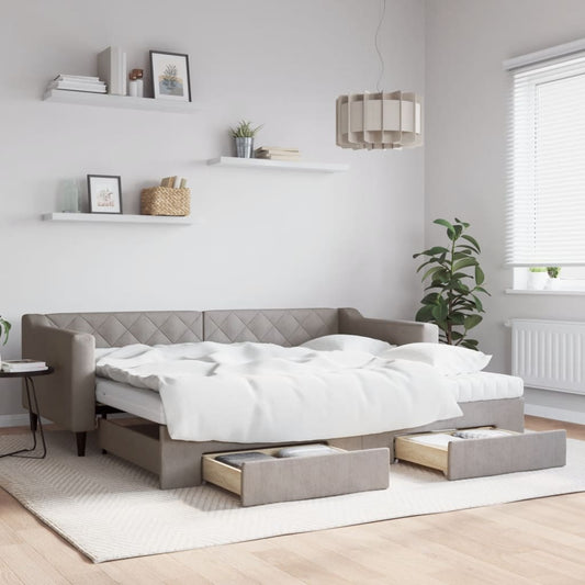Slaapbank met onderschuifbed en lades 90x200 cm stof taupe is nu te koop bij PeponiXL, paradijselijk wonen!
