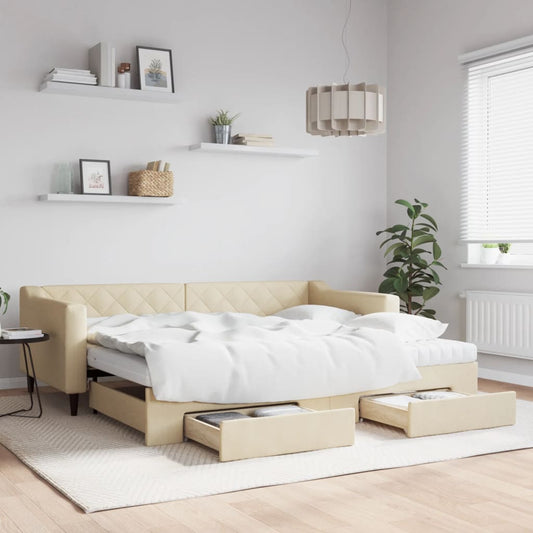 Slaapbank met onderschuifbed en lades 90x200 cm stof crèmekleur is nu te koop bij PeponiXL, paradijselijk wonen!