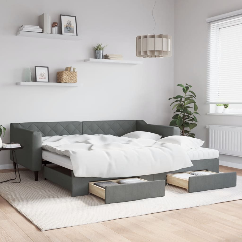 Slaapbank onderschuifbed en lades 100x200 cm stof donkergrijs is nu te koop bij PeponiXL, paradijselijk wonen!
