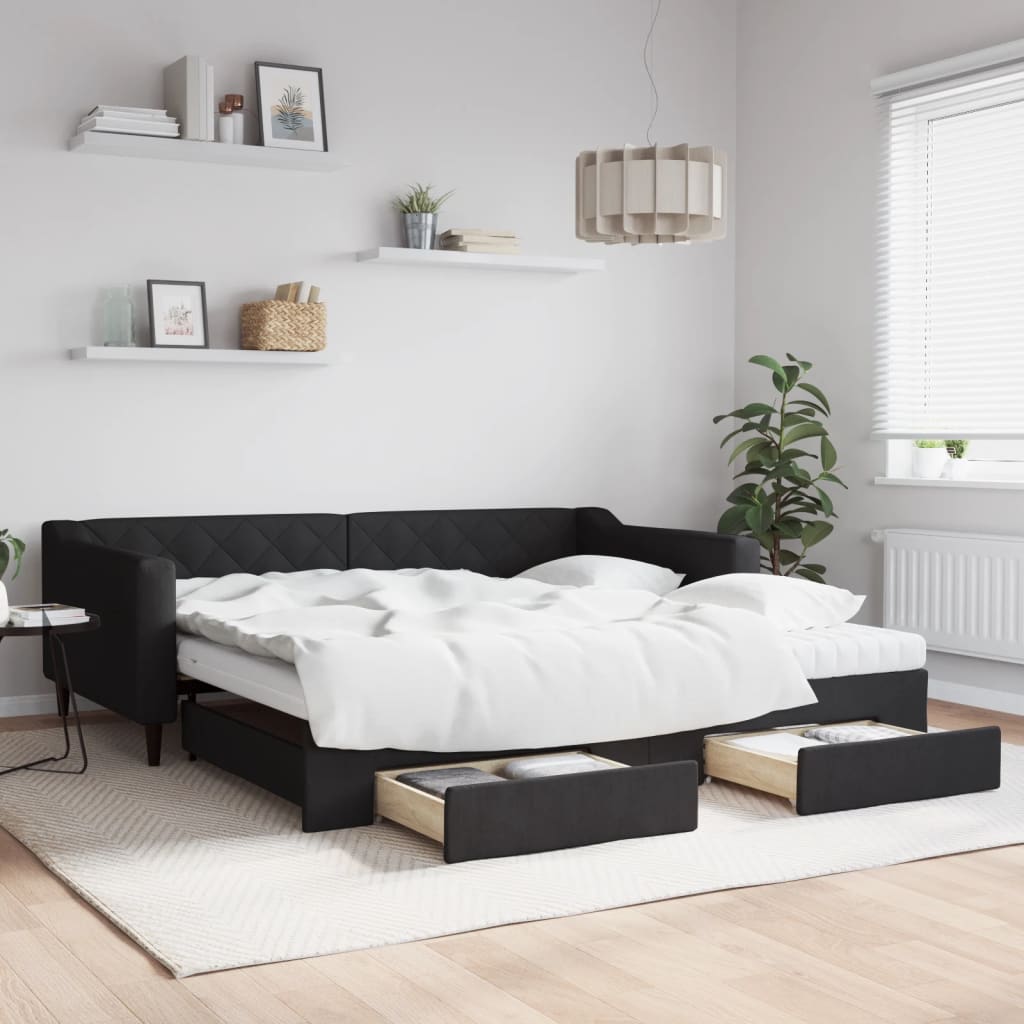 Slaapbank met onderschuifbed en lades 100x200 cm stof zwart is nu te koop bij PeponiXL, paradijselijk wonen!