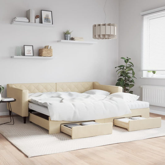 Slaapbank met onderschuifbed en lades 100x200 cm stof crème is nu te koop bij PeponiXL, paradijselijk wonen!