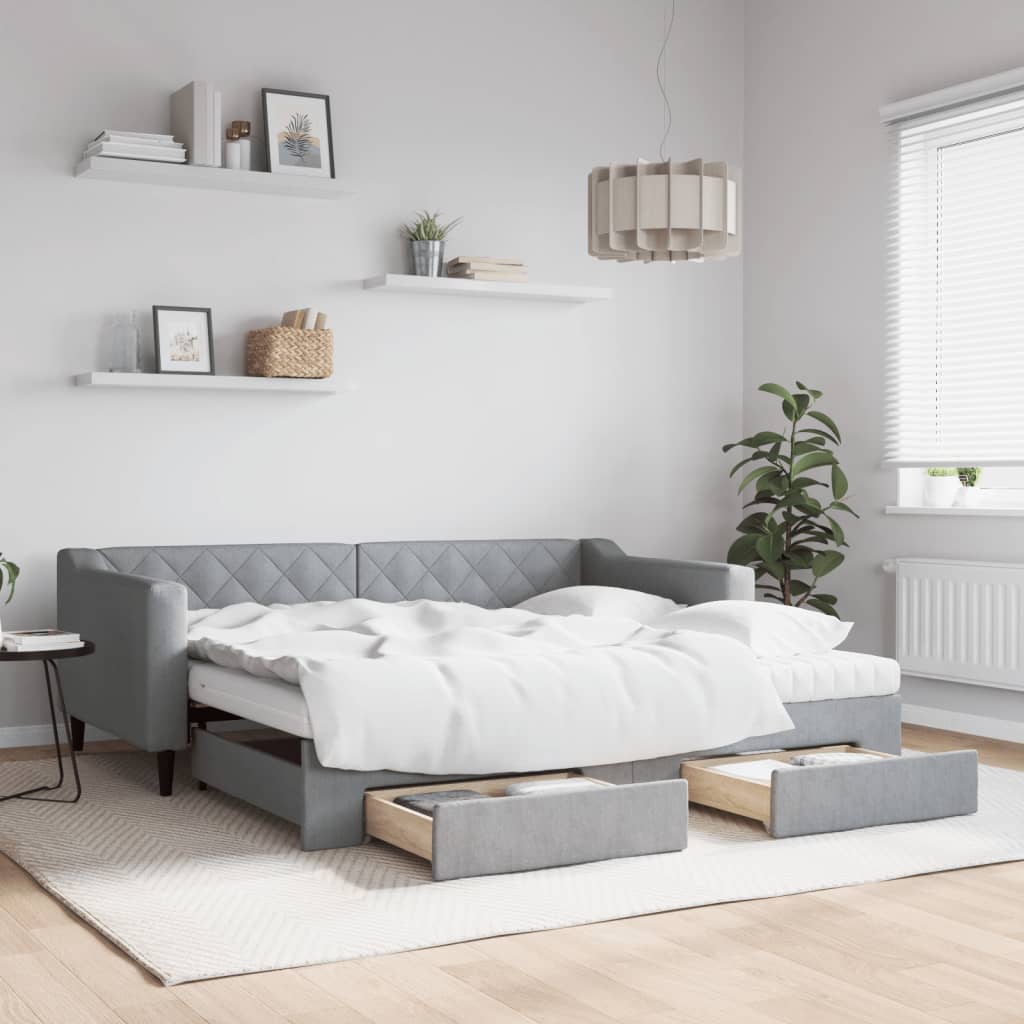 Slaapbank met onderschuifbed en lades 90x190 cm stof lichtgrijs is nu te koop bij PeponiXL, paradijselijk wonen!