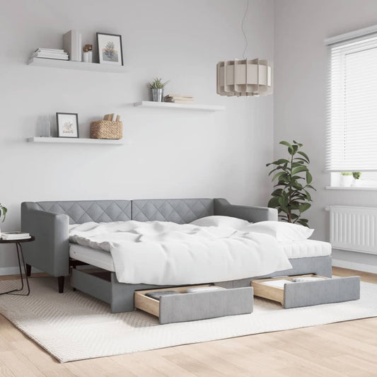 Slaapbank met onderschuifbed en lades 90x190 cm stof lichtgrijs is nu te koop bij PeponiXL, paradijselijk wonen!