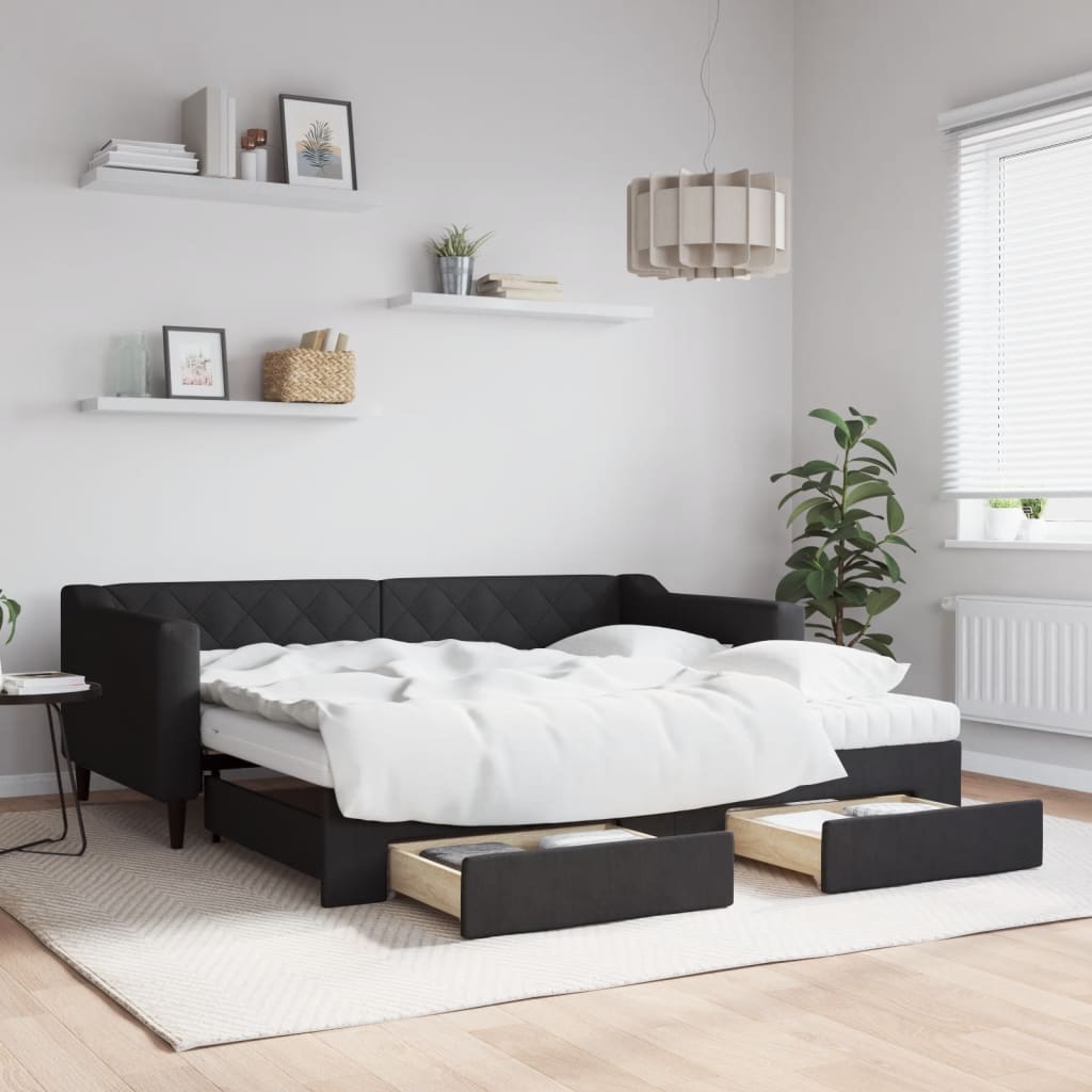 Slaapbank met onderschuifbed en lades 90x190 cm stof zwart is nu te koop bij PeponiXL, paradijselijk wonen!