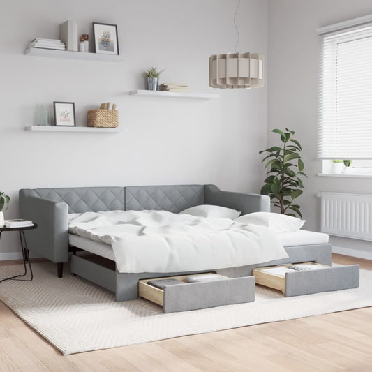 Slaapbank met onderschuifbed lades 100x190 cm stof lichtgrijs is nu te koop bij PeponiXL, paradijselijk wonen!