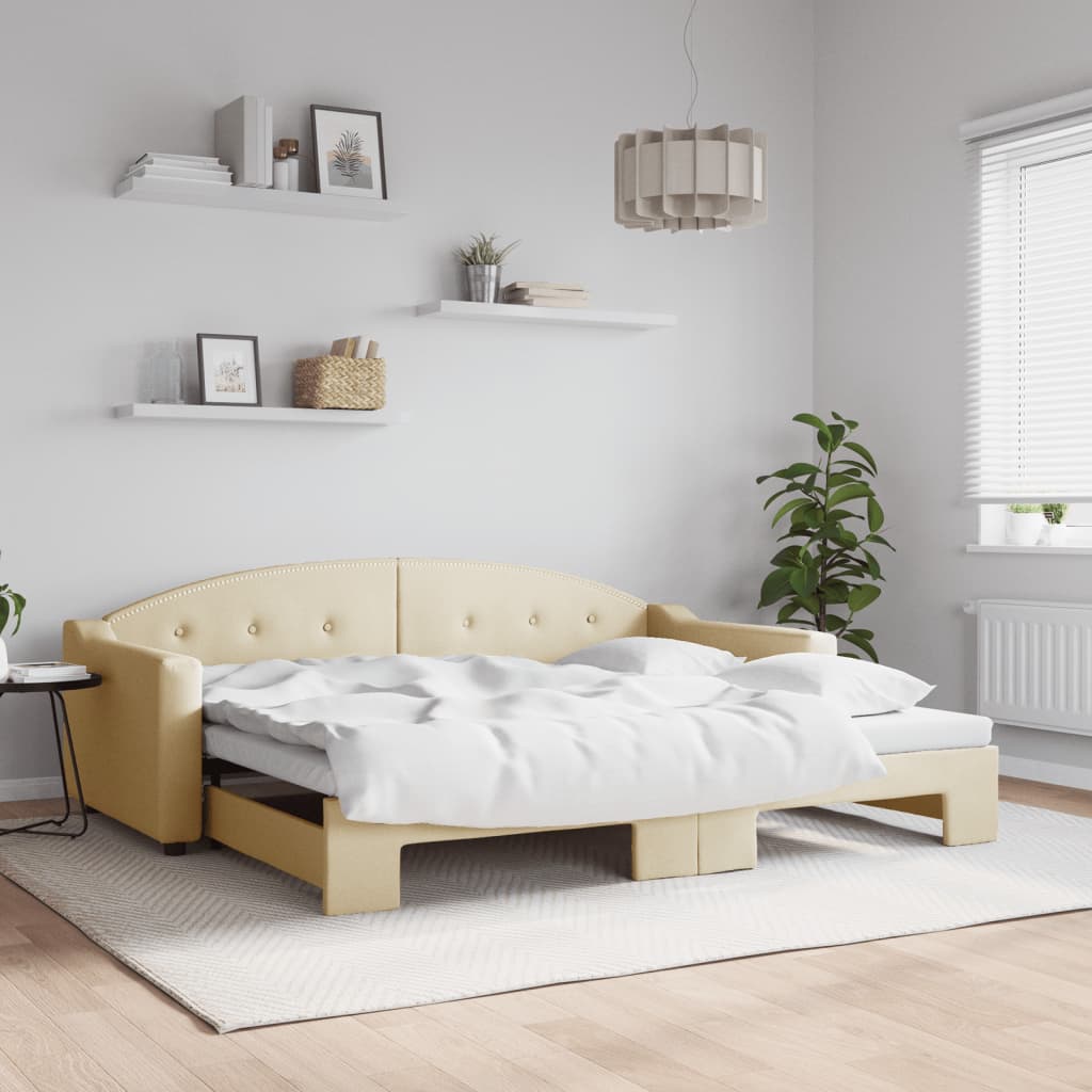 Slaapbank met onderschuifbed 90x200 cm stof crèmekleurig is nu te koop bij PeponiXL, paradijselijk wonen!