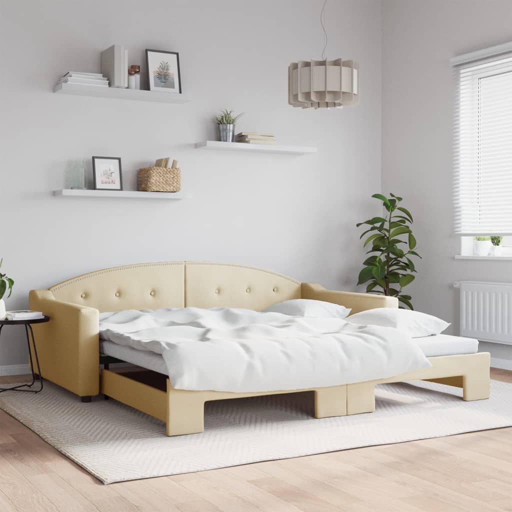 Slaapbank met onderschuifbed 100x200 cm stof crèmekleurig is nu te koop bij PeponiXL, paradijselijk wonen!