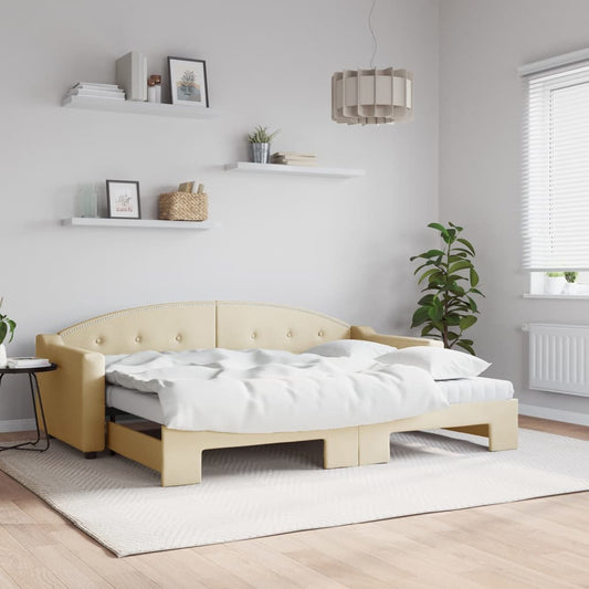 Slaapbank met onderschuifbed en matrassen 80x200 cm stof crème is nu te koop bij PeponiXL, paradijselijk wonen!
