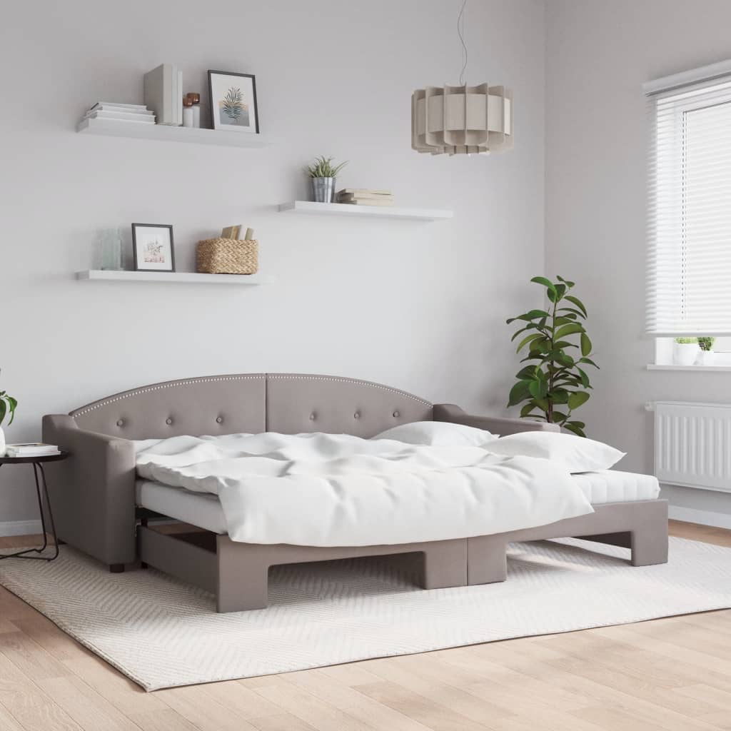 Slaapbank met onderschuifbed en matrassen 90x200 cm stof taupe is nu te koop bij PeponiXL, paradijselijk wonen!