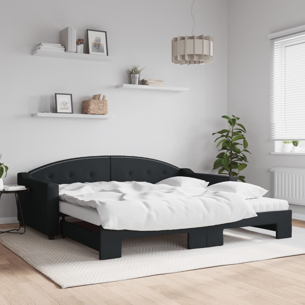 Slaapbank met onderschuifbed en matrassen 100x200 cm stof zwart is nu te koop bij PeponiXL, paradijselijk wonen!