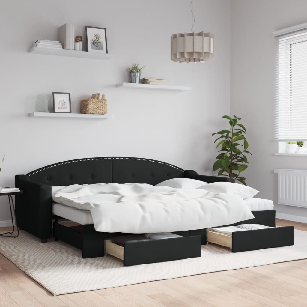 Slaapbank met onderschuifbed en lades 80x200 cm stof zwart is nu te koop bij PeponiXL, paradijselijk wonen!