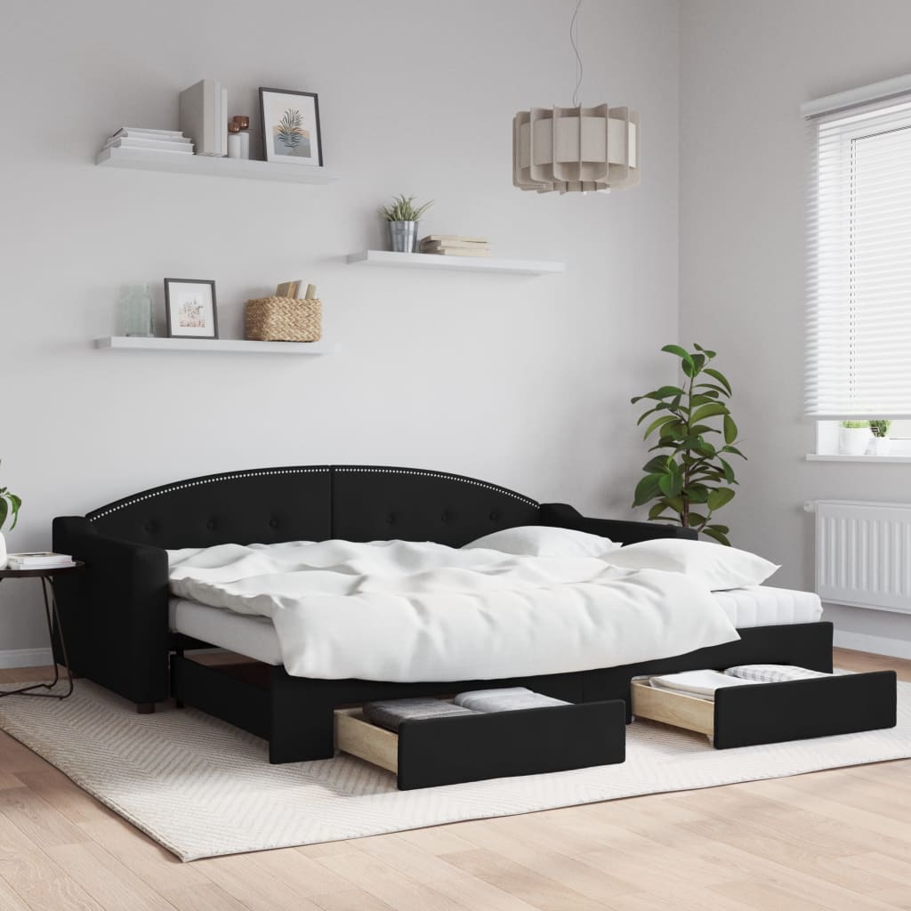 Slaapbank met onderschuifbed en lades 90x200 cm stof zwart is nu te koop bij PeponiXL, paradijselijk wonen!