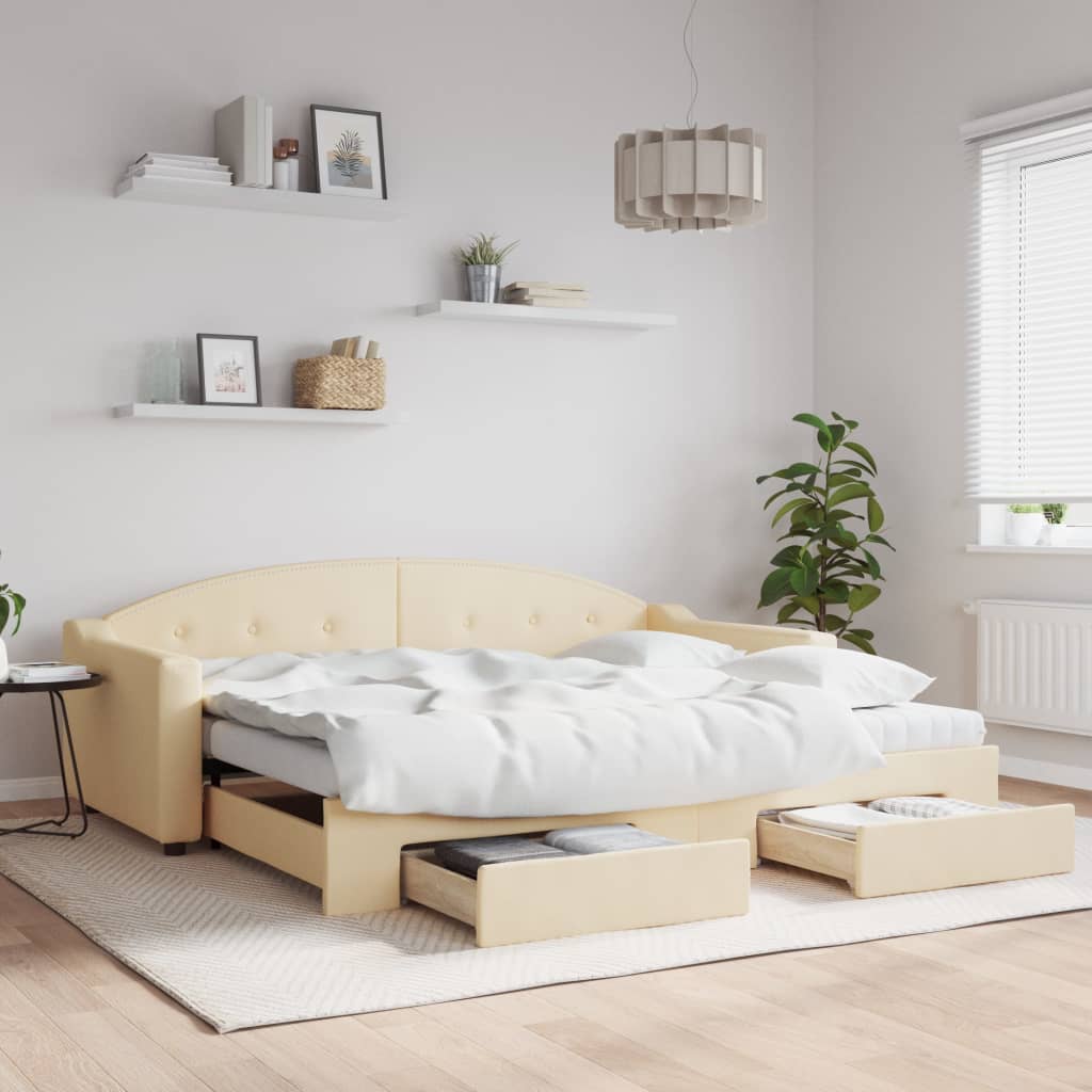Slaapbank met onderschuifbed en lades 90x200 cm stof crèmekleur is nu te koop bij PeponiXL, paradijselijk wonen!