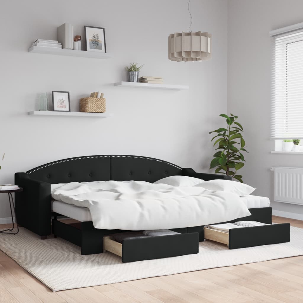 Slaapbank met onderschuifbed en lades 80x200 cm stof zwart is nu te koop bij PeponiXL, paradijselijk wonen!