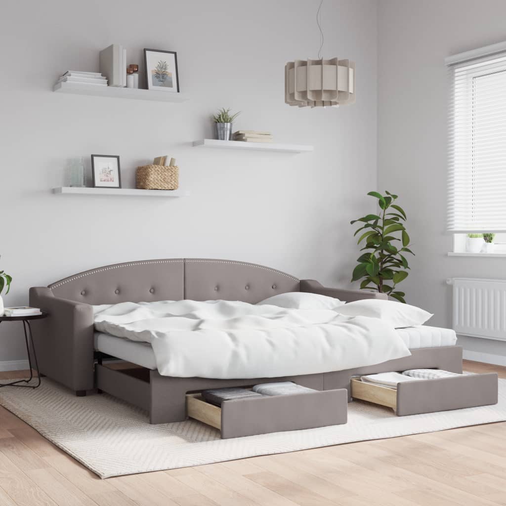 Slaapbank met onderschuifbed en lades 90x200 cm stof taupe is nu te koop bij PeponiXL, paradijselijk wonen!