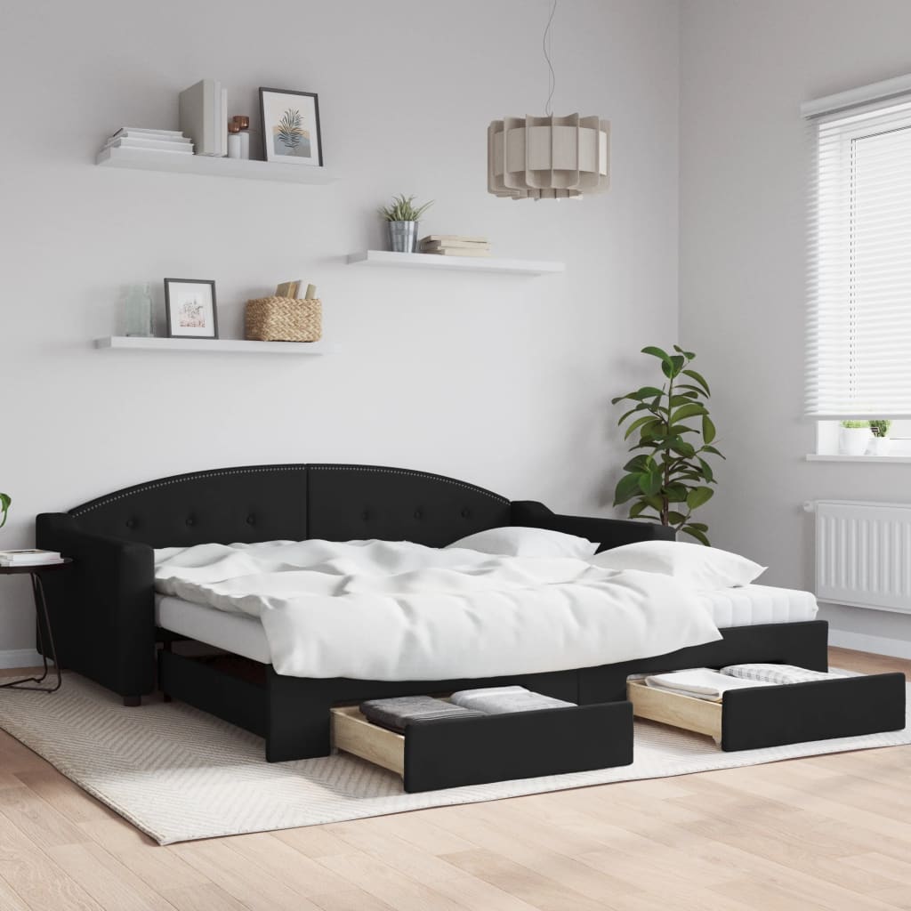 Slaapbank met onderschuifbed en lades 100x200 cm stof zwart is nu te koop bij PeponiXL, paradijselijk wonen!