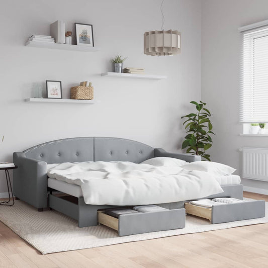 Slaapbank met onderschuifbed en lades 90x190 cm stof lichtgrijs is nu te koop bij PeponiXL, paradijselijk wonen!