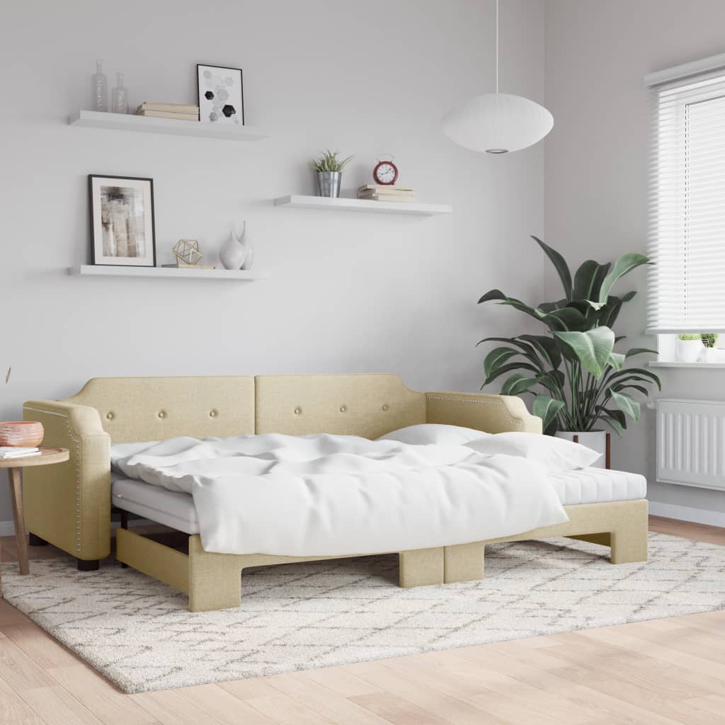 Slaapbank met onderschuifbed en matrassen 80x200 cm stof crème is nu te koop bij PeponiXL, paradijselijk wonen!