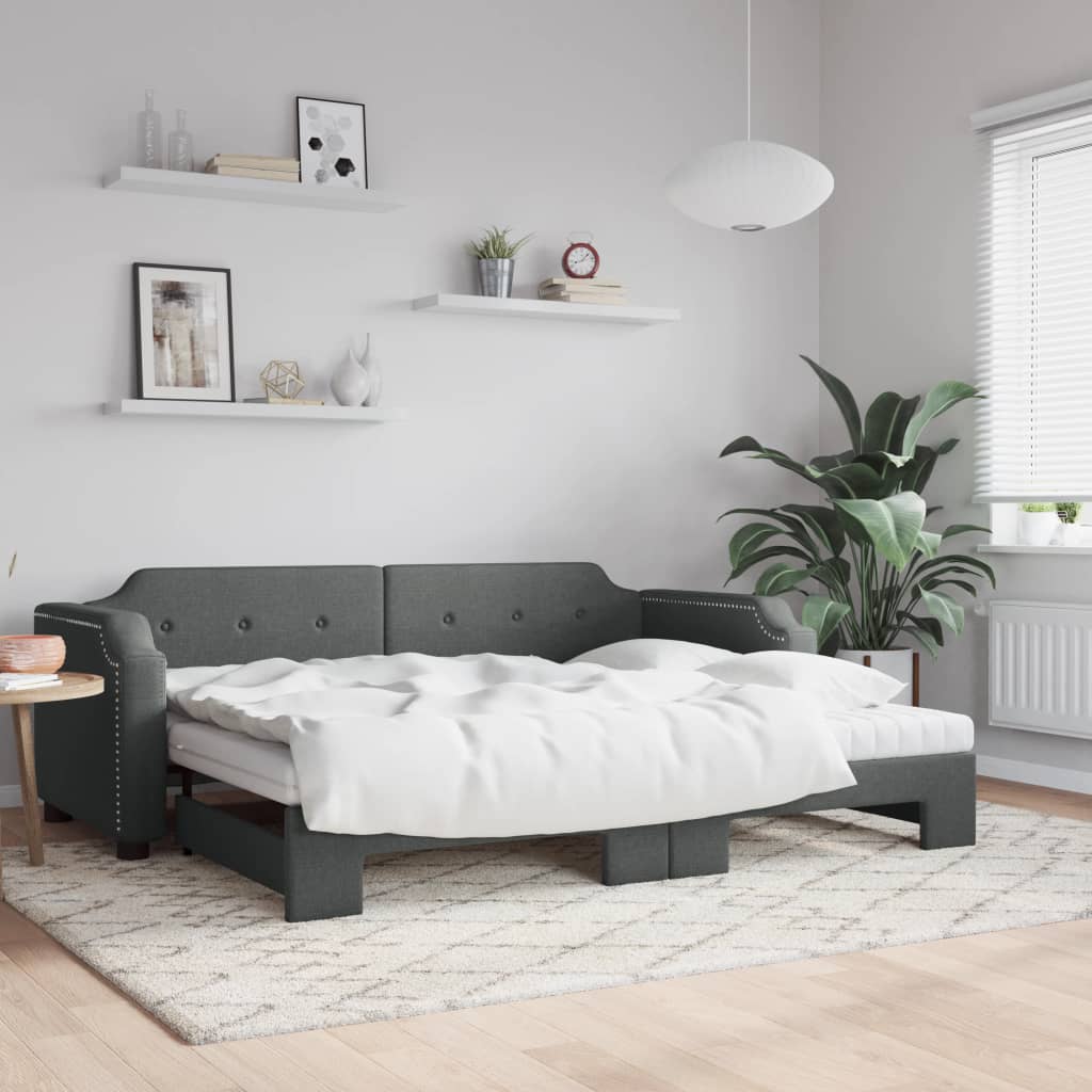 Slaapbank onderschuifbed matrassen 90x200 cm stof donkergrijs is nu te koop bij PeponiXL, paradijselijk wonen!