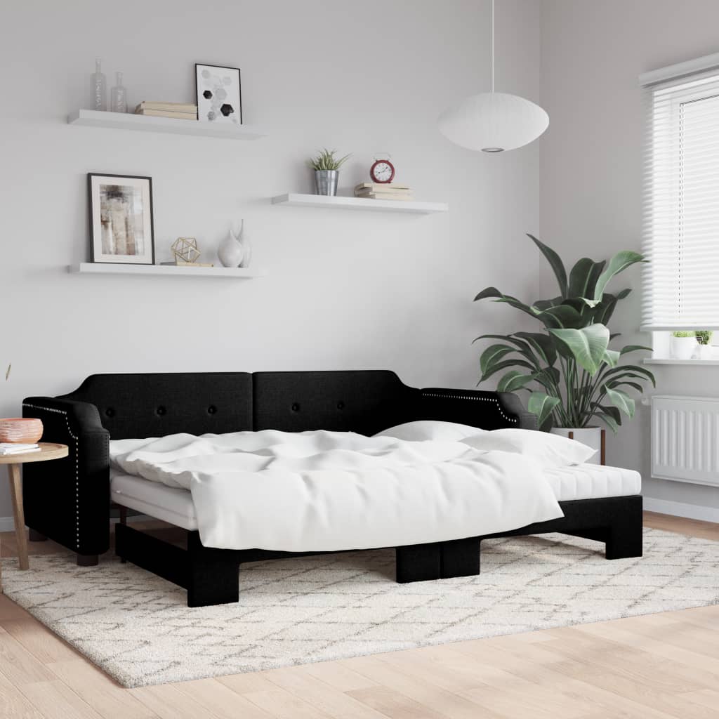 Slaapbank met onderschuifbed en matrassen 100x200 cm stof zwart is nu te koop bij PeponiXL, paradijselijk wonen!