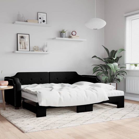 Slaapbank met onderschuifbed en matrassen 90x190 cm stof zwart is nu te koop bij PeponiXL, paradijselijk wonen!