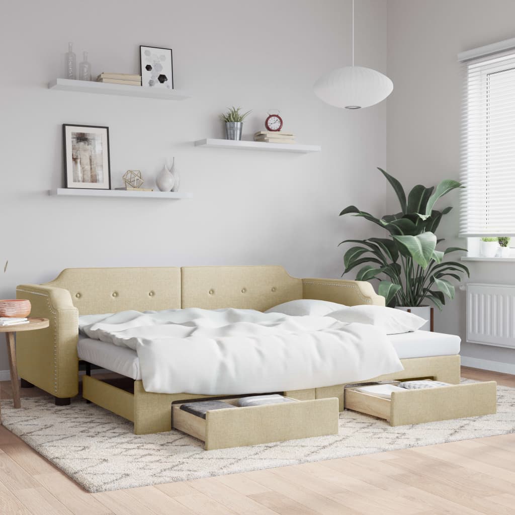 Slaapbank met onderschuifbed en lades 90x200 cm stof crèmekleur is nu te koop bij PeponiXL, paradijselijk wonen!