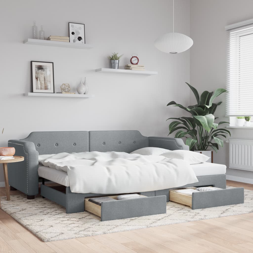 Slaapbank onderschuifbed en lades 100x200 cm stof lichtgrijs is nu te koop bij PeponiXL, paradijselijk wonen!