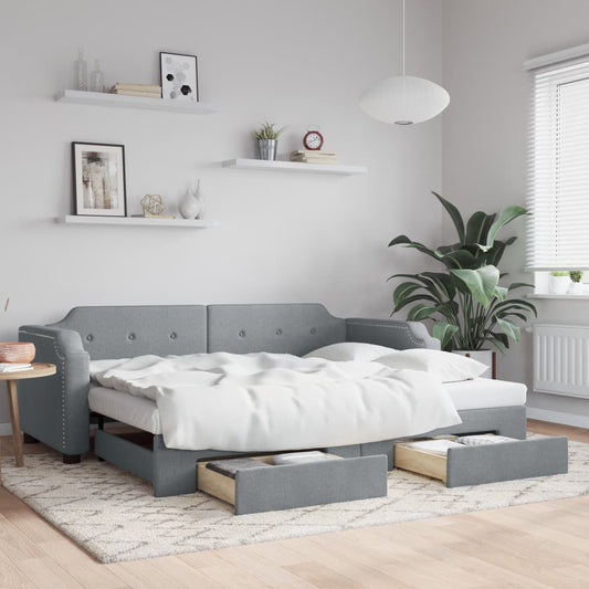 Slaapbank onderschuifbed en lades 100x200 cm stof lichtgrijs is nu te koop bij PeponiXL, paradijselijk wonen!